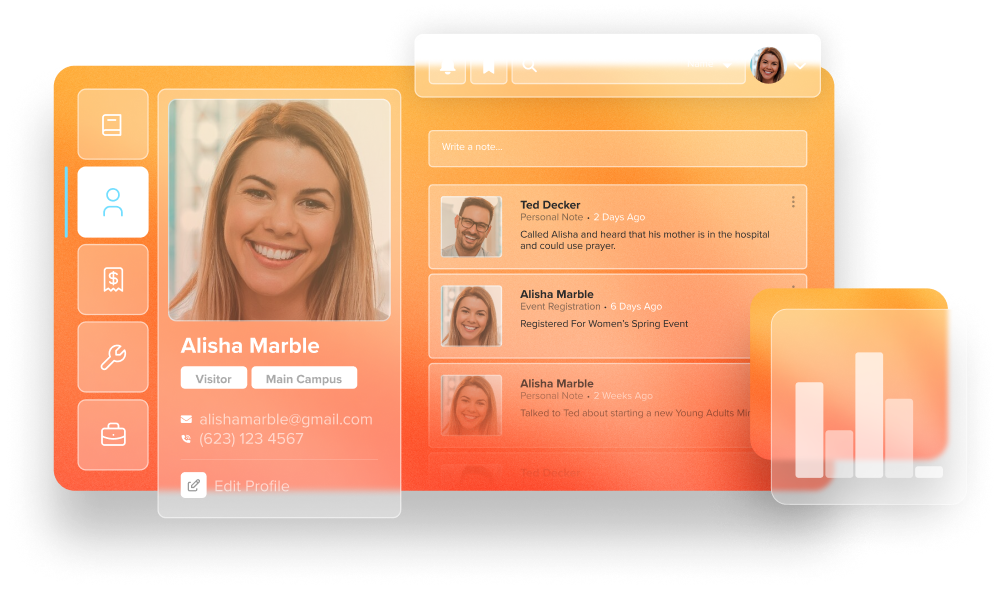 Website mockup with an acrylic-style frosted glass design.