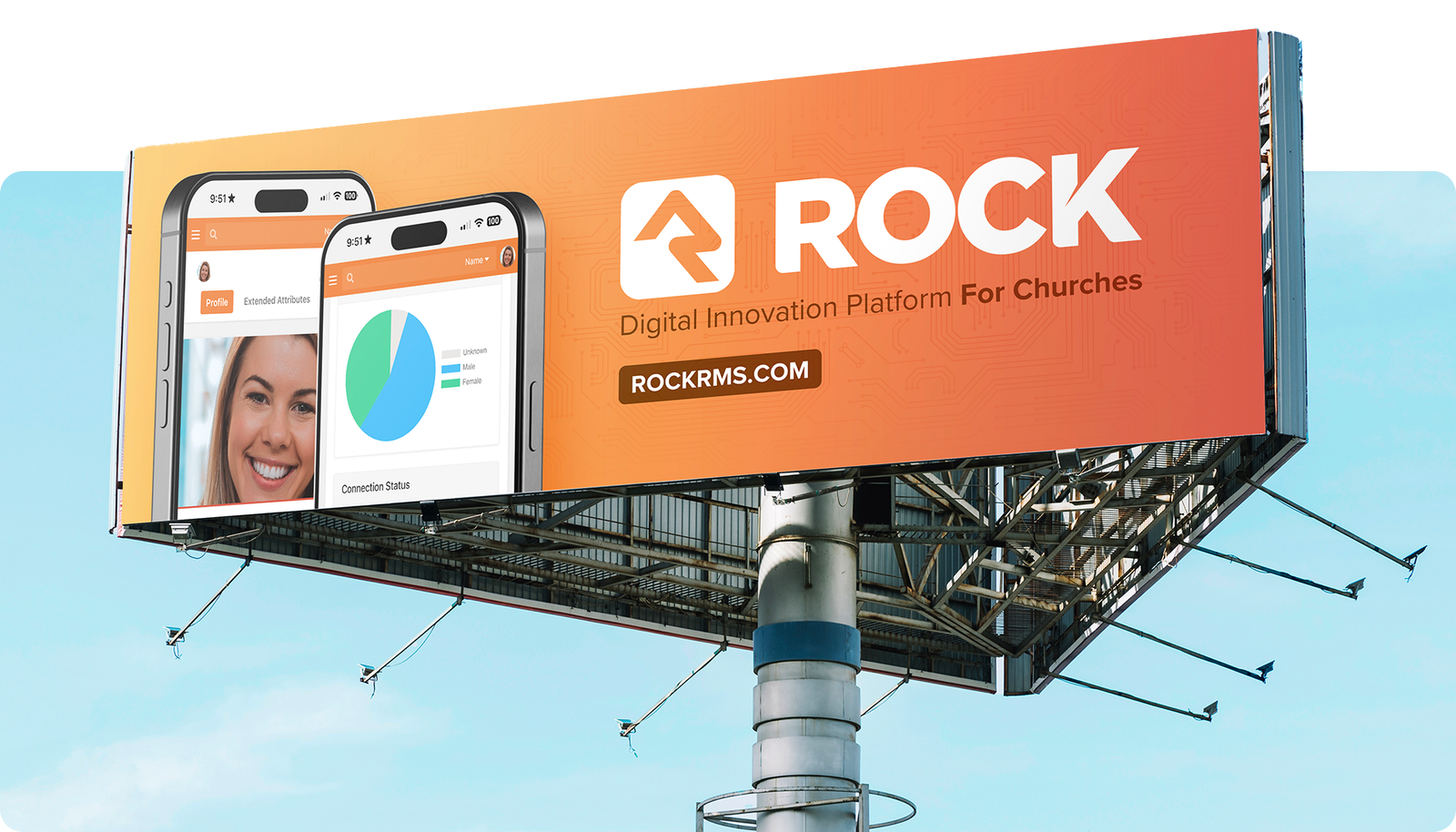 A billboard sign with phone mockups of web software.